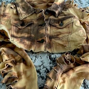 Tan and brown Destressed denim half jacket for girls or women size small